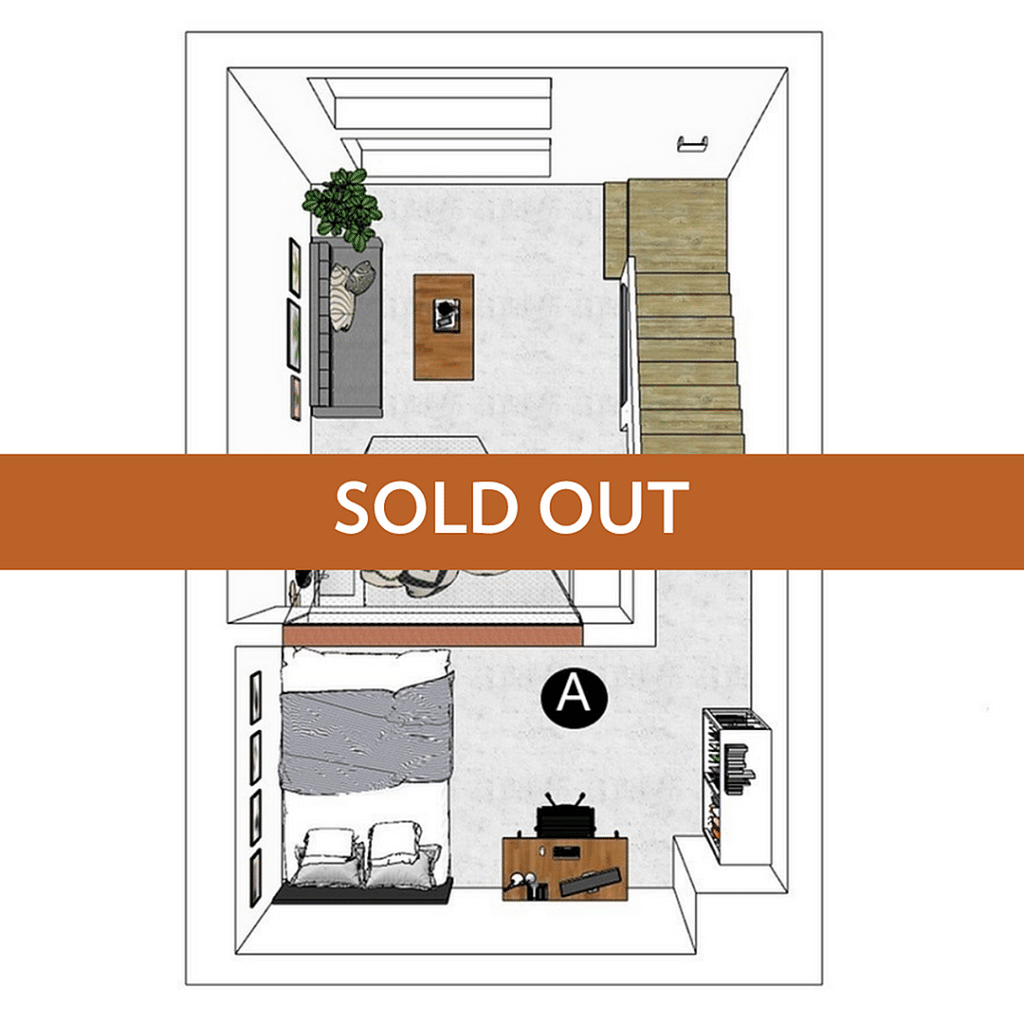 A 3D image of the 1BR/1BA – w/ Balcony – Lofts floorplan, a 400 squarefoot, 1 bed / 1 bath unit