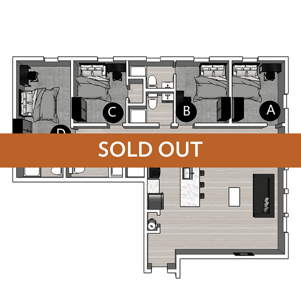 A 3D image of the 4BR/4BA – Lux North floorplan, a 1493 squarefoot, 4 bed / 4 bath unit