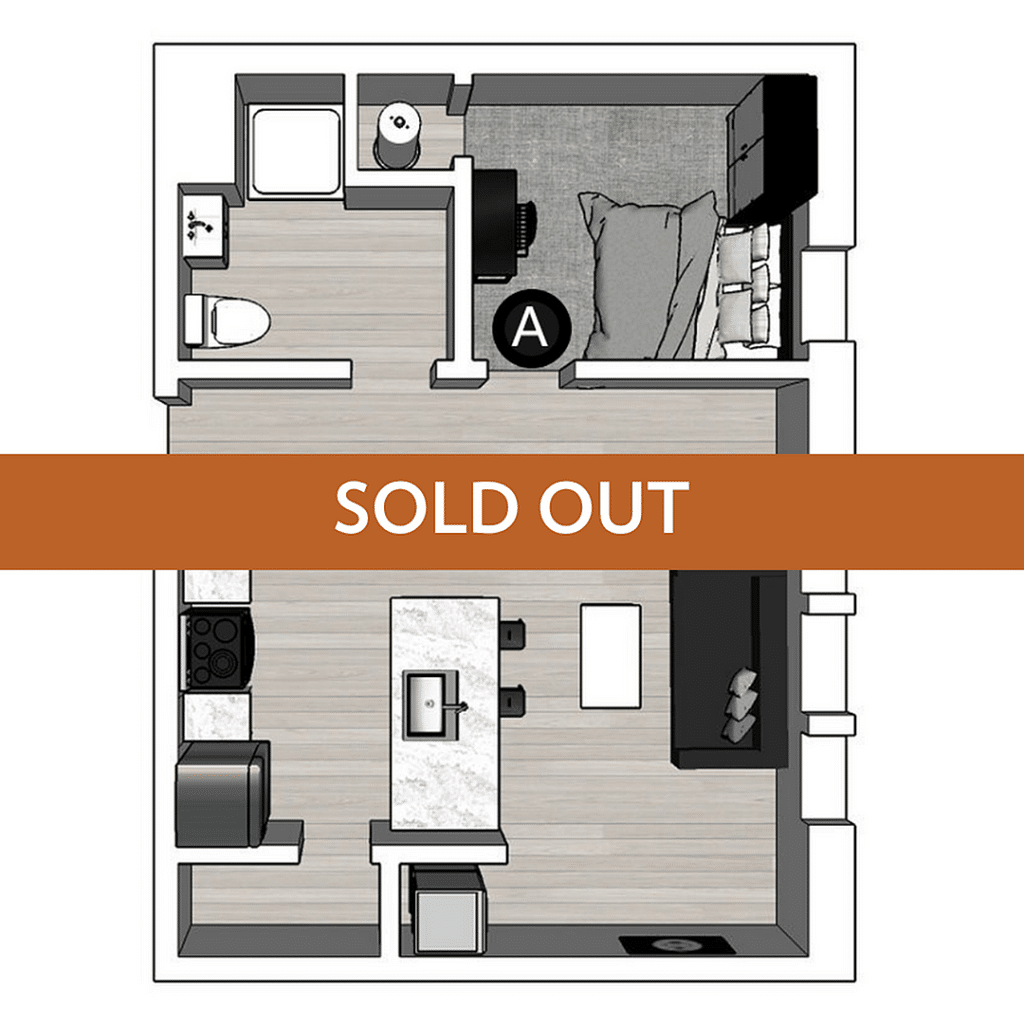 A 3D image of the 1BR/1BA – Lux South floorplan, a 521 squarefoot, 1 bed / 1 bath unit