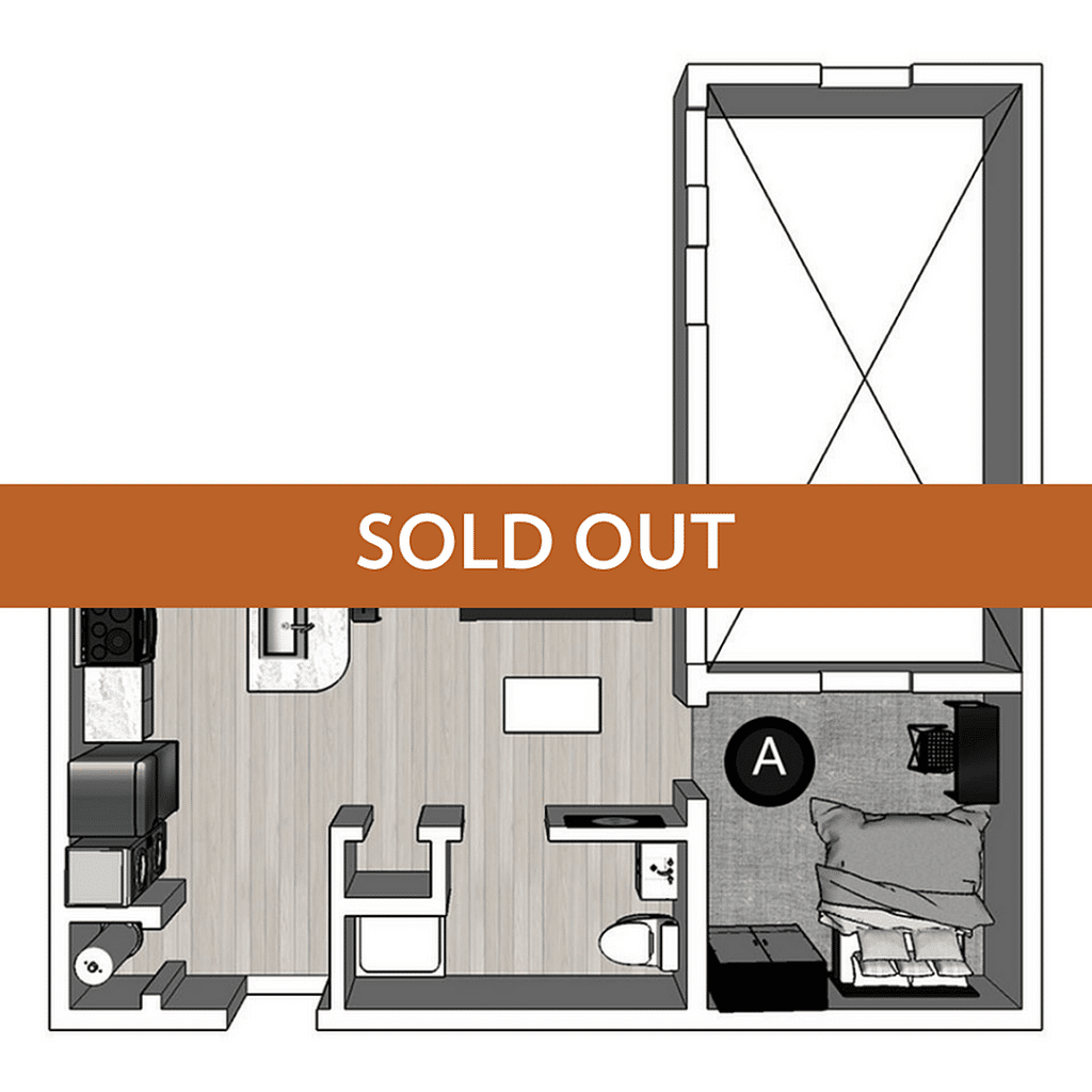 A 3D image of the 1BR/1BA – Lux North floorplan, a 449 squarefoot, 1 bed / 1 bath unit