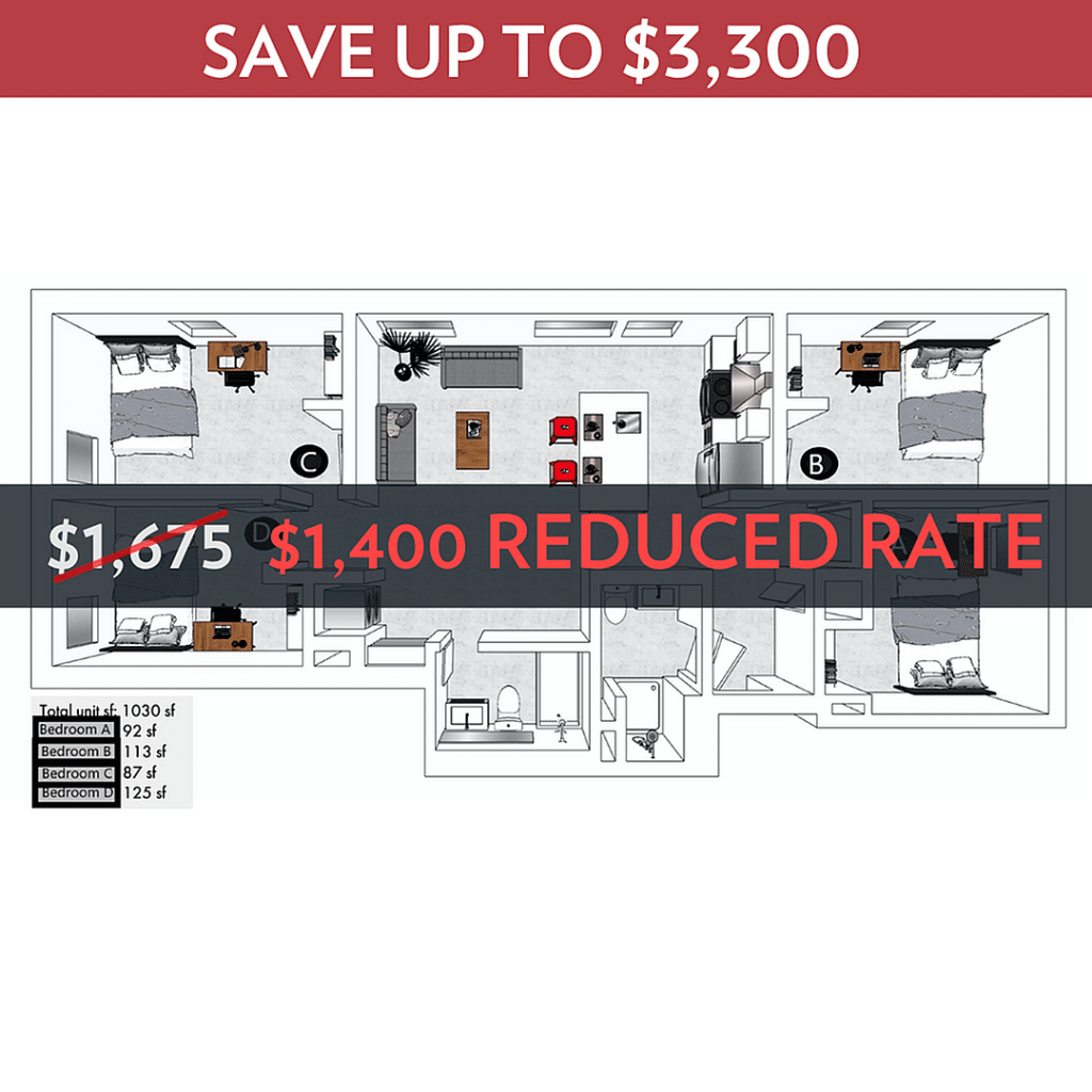 A 3D image of the 4BR/2BA – Lofts floorplan, a 1030 squarefoot, 4 bed / 2 bath unit