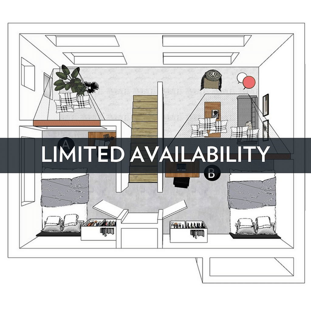 A 3D image of the 2BR/1BA – Lofts floorplan, a 660 squarefoot, 2 bed / 1 bath unit