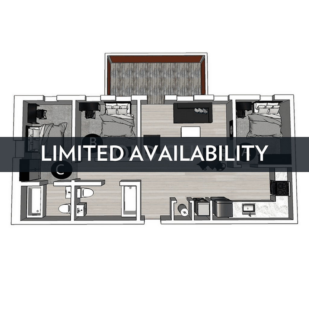 A 3D image of the 3BR/2BA – Lux North floorplan, a 842 squarefoot, 3 bed / 2 bath unit