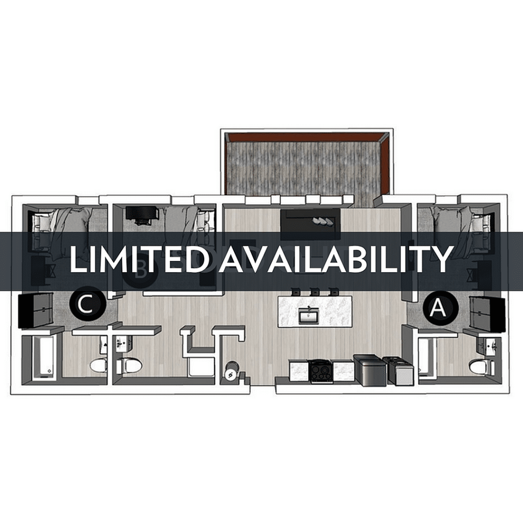 A 3D image of the 3BR/3BA Balcony – Lux South floorplan, a 972 squarefoot, 3 bed / 3 bath unit