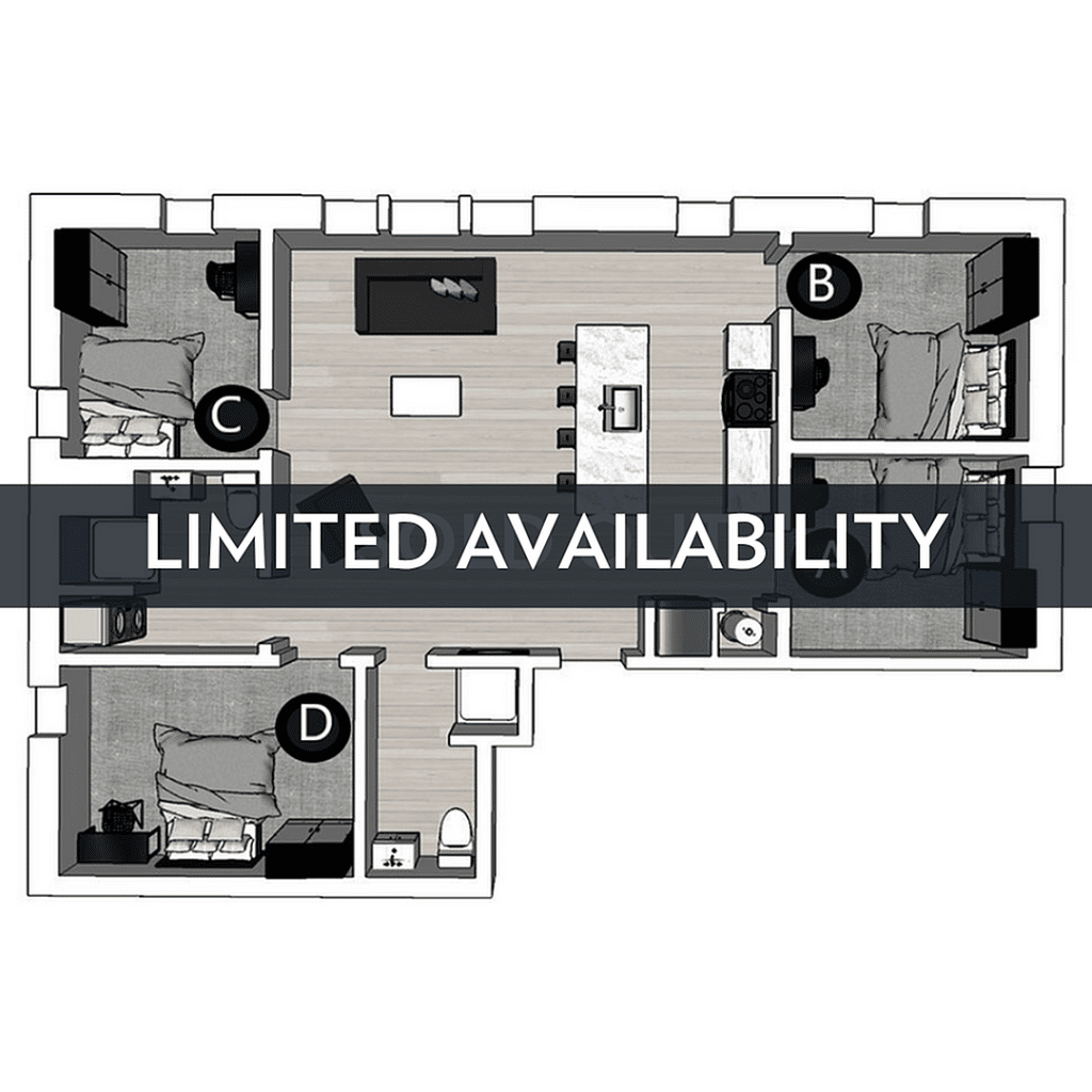 A 3D image of the 4BR/2BA – Lux South floorplan, a 1117 squarefoot, 4 bed / 2 bath unit