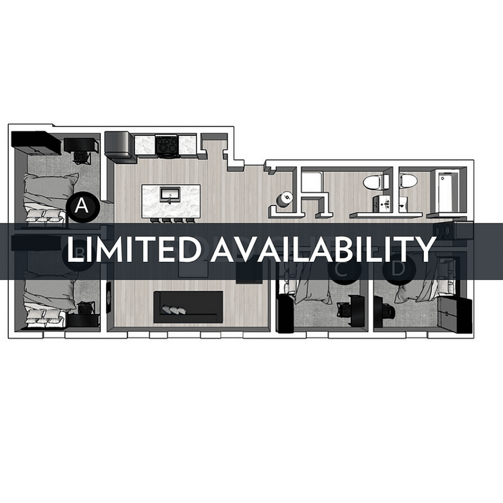 A 3D image of the 4BR/2BA – Lux North floorplan, a 1147 squarefoot, 4 bed / 2 bath unit