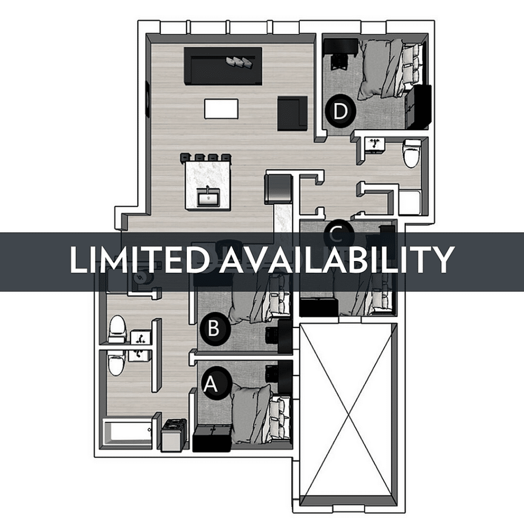 A 3D image of the 4BR/3BA – Lux North floorplan, a 1170 squarefoot, 4 bed / 3 bath unit
