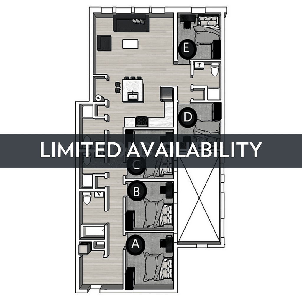 A 3D image of the 5BR/4BA – Lux North floorplan, a 1524 squarefoot, 5 bed / 4 bath unit