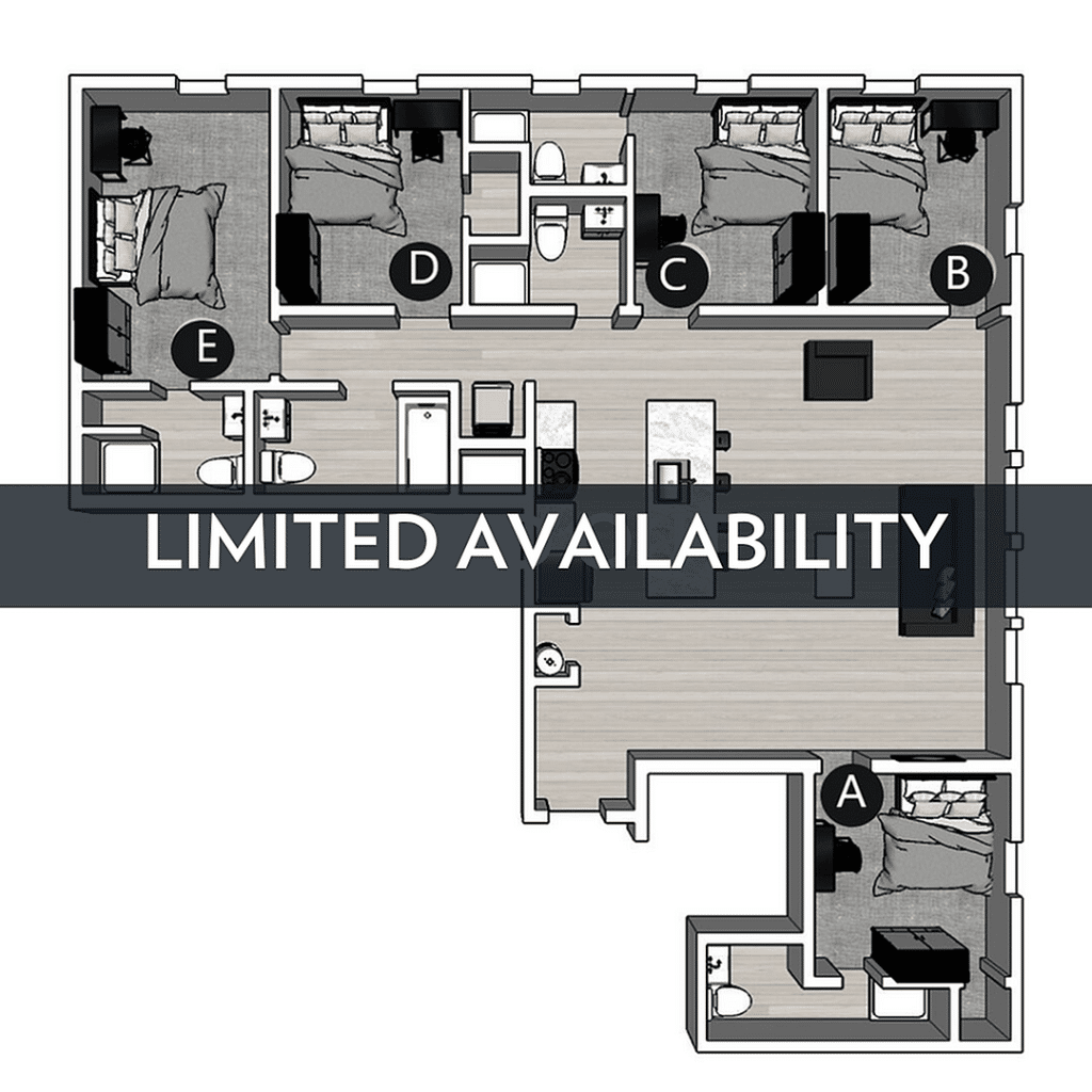 A 3D image of the 5BR/5BA – Lux North floorplan, a 1687 squarefoot, 5 bed / 5 bath unit