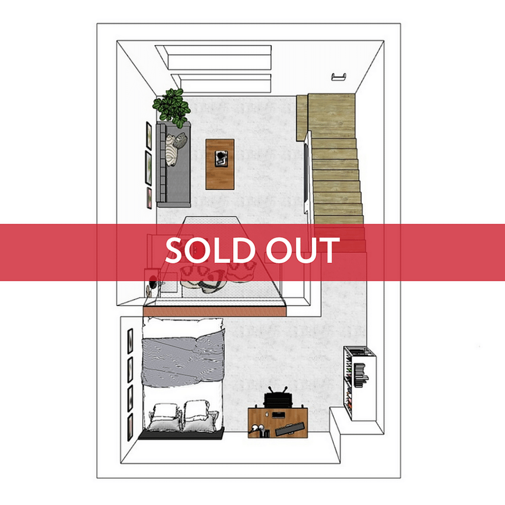 A 3D image of the 1BR/1BA – Lofts floorplan, a 400 squarefoot, 1 bed / 1 bath unit