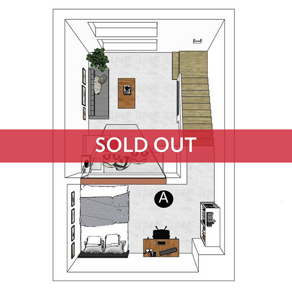 A 3D image of the 1BR/1BA – w/ Balcony – Lofts floorplan, a 400 squarefoot, 1 bed / 1 bath unit