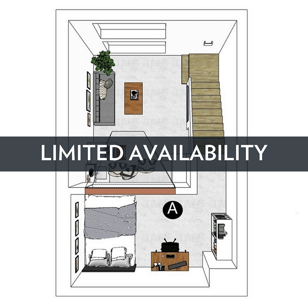 A 3D image of the 1BR/1BA – w/ Balcony – Lofts floorplan, a 400 squarefoot, 1 bed / 1 bath unit