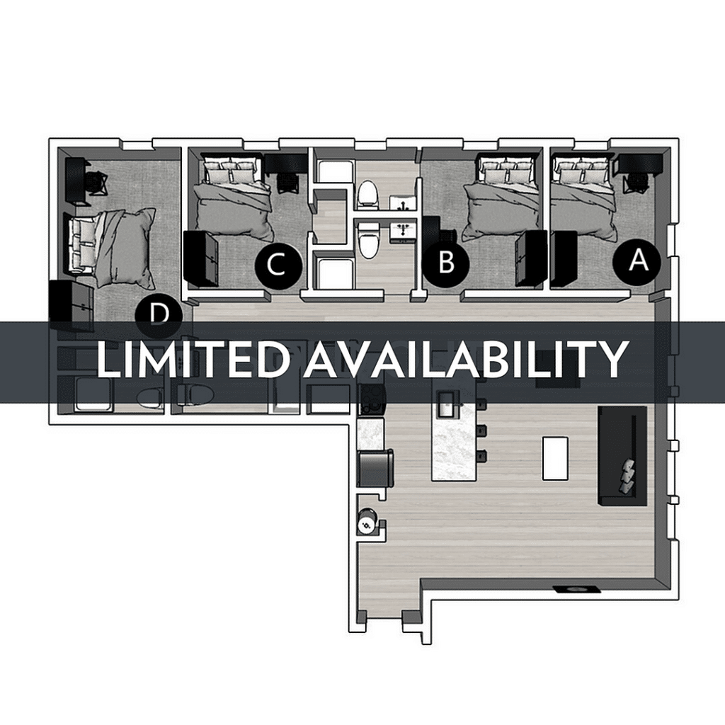 A 3D image of the 4BR/4BA – Lux North floorplan, a 1493 squarefoot, 4 bed / 4 bath unit