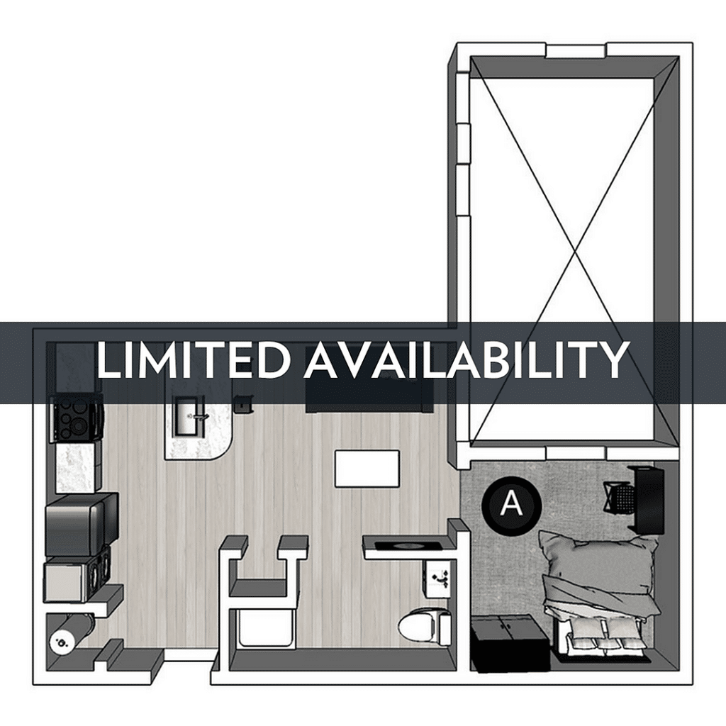 A 3D image of the 1BR/1BA – Lux North floorplan, a 449 squarefoot, 1 bed / 1 bath unit