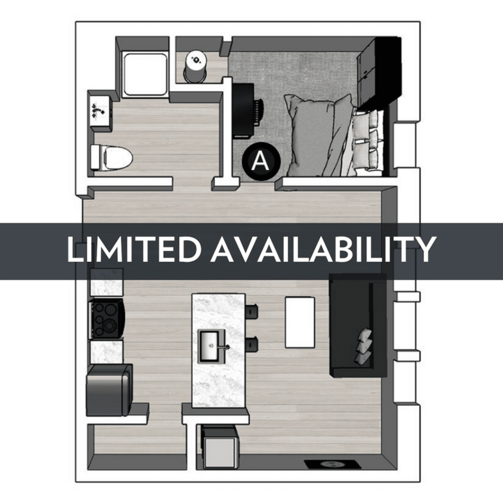 A 3D image of the 1BR/1BA – Lux South floorplan, a 521 squarefoot, 1 bed / 1 bath unit