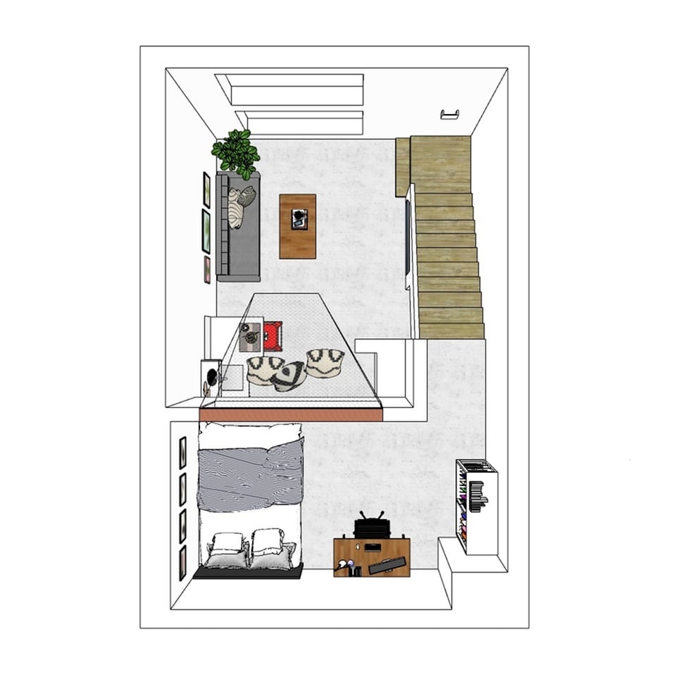 A 3D image of the 1BR/1BA – Lofts floorplan, a 400 squarefoot, 1 bed / 1 bath unit