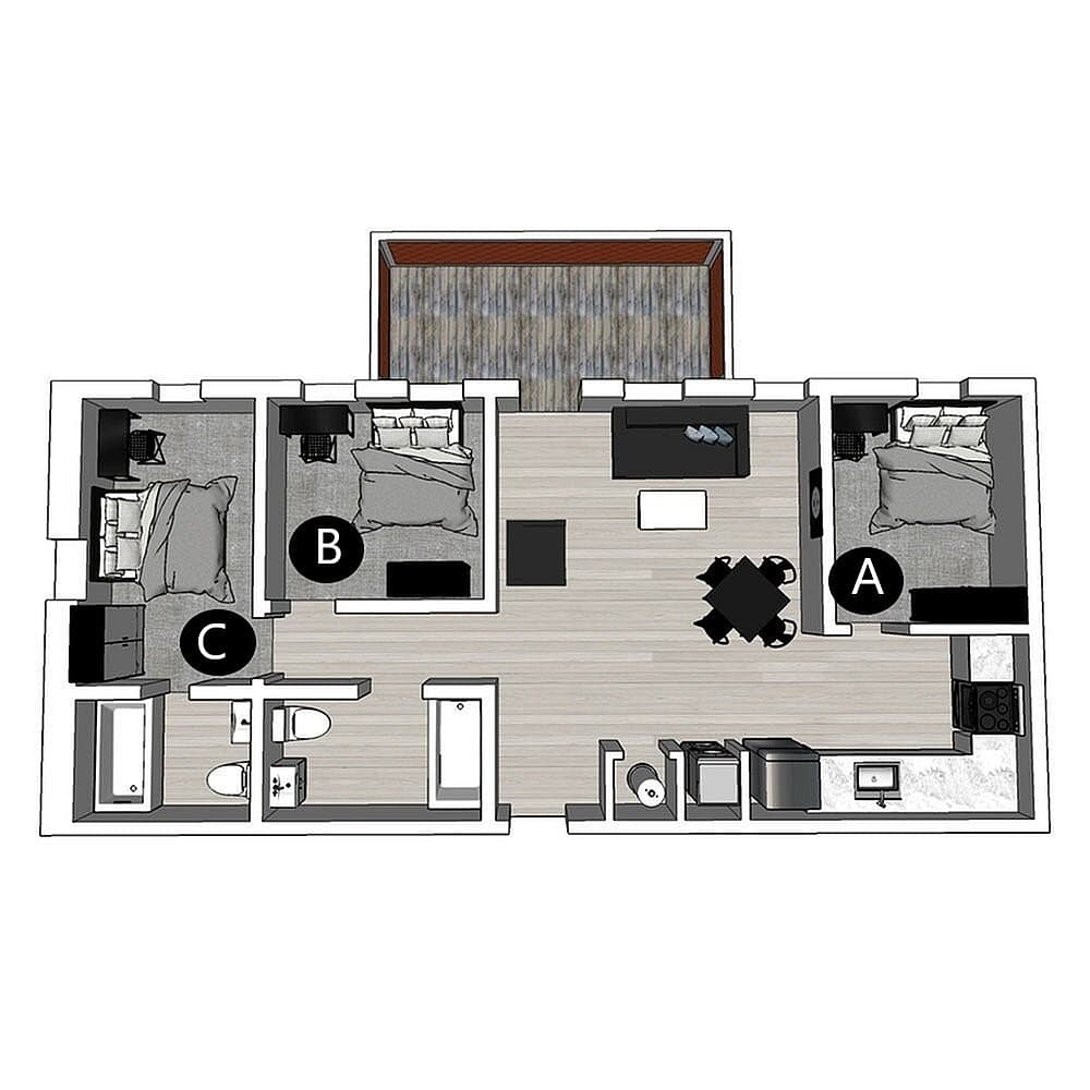 A 3D image of the 3BR/3BA Balcony – Lux South floorplan, a 972 squarefoot, 3 bed / 3 bath unit