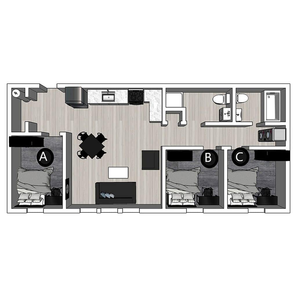 A 3D image of the 3BR/2BA – Lux North floorplan, a 842 squarefoot, 3 bed / 2 bath unit