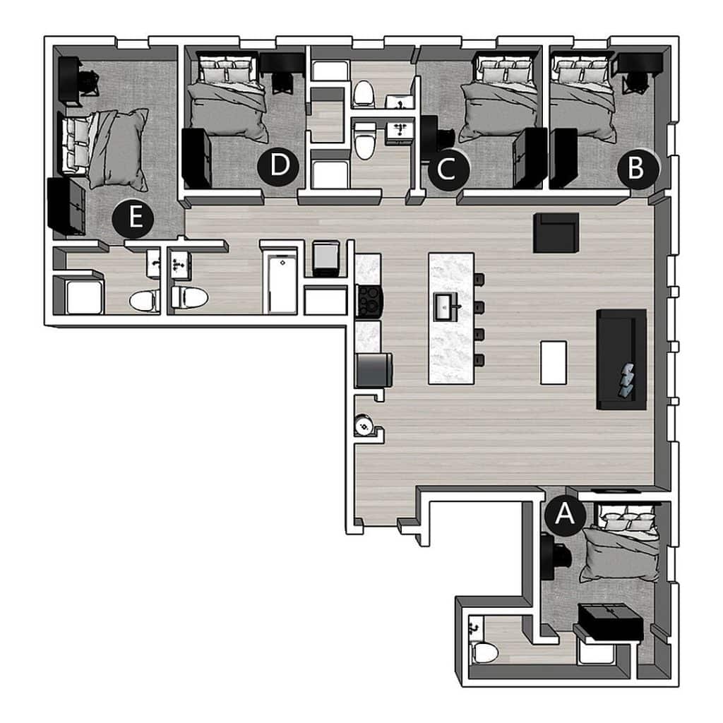 A 3D image of the 5BR/5BA – Lux North floorplan, a 1687 squarefoot, 5 bed / 5 bath unit